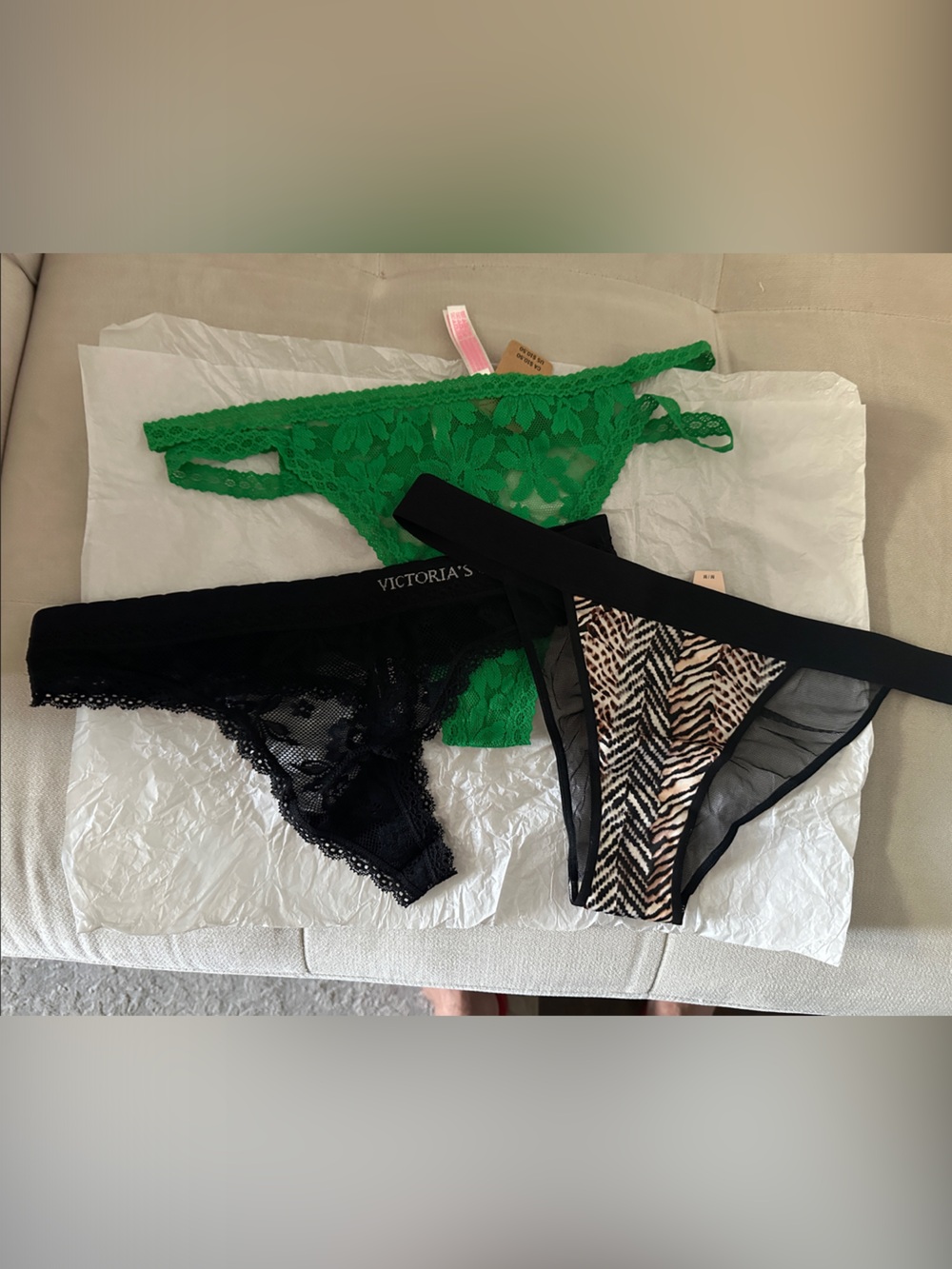 Victoria's Secret Black, Green & Zebra Lace Bikini Trio